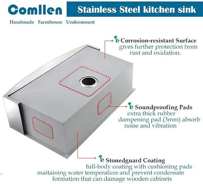 Comllen 33 Inch Farmhouse Sink, Stainless Steel Single Bowl Farm Sinks 16 Gauge 9 Inch Deep, Handmade Undermount 33 Farm Apron Front Kitchen Sink