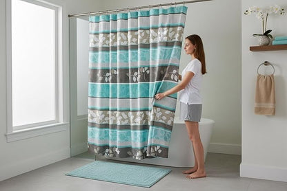 Serafina Home Hotel Quality Fabric Bathroom Shower Curtain: Striped Floral - Teal, Blue, Brown, Beige and White (72 x 70 inches)