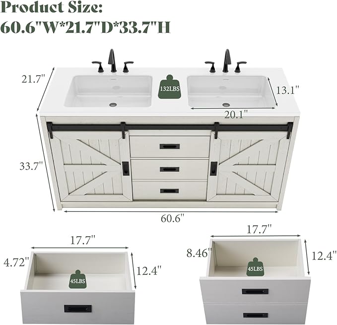 60" Farmhouse Sliding Barn Door Double Vanity with Sink Combo, Freestanding Bathroom Vanity Cabinet with Drawers & Metal Handles, Distressed White