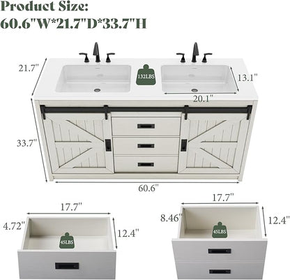 60" Farmhouse Sliding Barn Door Double Vanity with Sink Combo, Freestanding Bathroom Vanity Cabinet with Drawers & Metal Handles, Distressed White