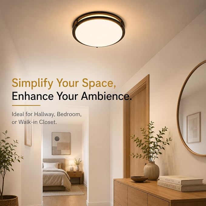 Black Flush Mount LED Ceiling Light Fixture, 13 inch 3000K/4000K/5000K Adjustable Ceiling Lights, Metal Frame Tri-Color Dimmable Lighting for Living Room Bedroom Hallway Bathroom or Kitchen
