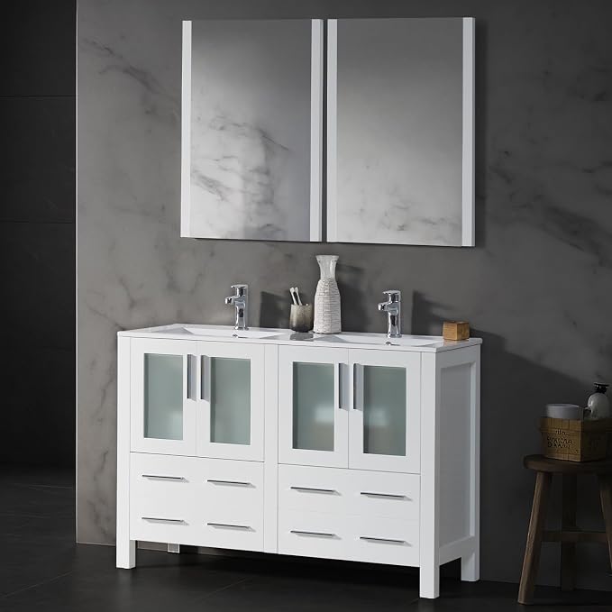Blossom 48 Inch Solid Wood Double Sink Bathroom Vanity with Ceramic Top | Luxury Freestanding Master Bath Cabinet | 5-Layer Moisture-Resistant Finish | Soft-Close Drawers, Glossy White