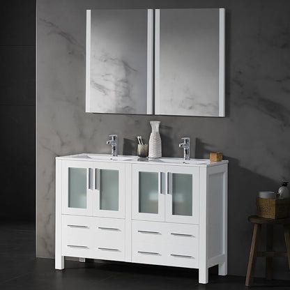 Blossom 48 Inch Solid Wood Double Sink Bathroom Vanity with Ceramic Top | Luxury Freestanding Master Bath Cabinet | 5-Layer Moisture-Resistant Finish | Soft-Close Drawers, Glossy White