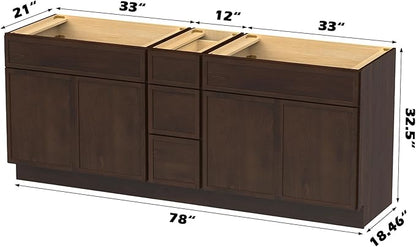 HomeBeyond 78 Inches Bathroom Vanity Base Cabinet Without Sink, Double Sink Top Sturdy Floor Mounted Cabinet with Door & Soft Closing Drawers, Brown, VA4133-2+VA4112-3