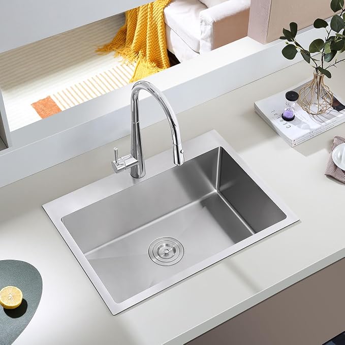 28x18 Inch Drop-in Kitchen Sink 18 Gauge Stainless Steel | Single Bowl Single Hole Topmount Sink with Brushed Finish, 28"x18"x9" Large Basin for Family Kitchen, Bar and Prep Area