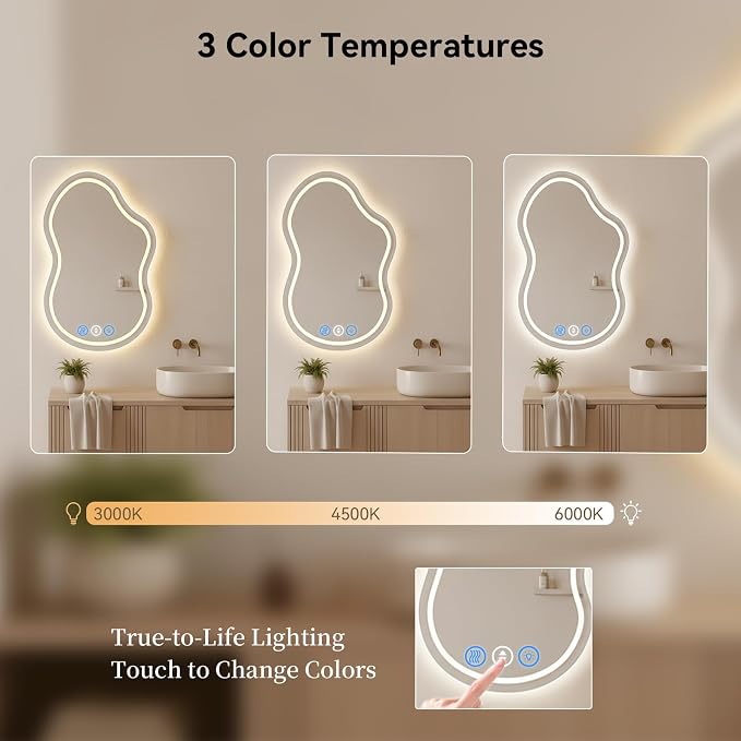 Irregular Wall Mirror 24 x 36 Inch, Lighted Mirrors for Bathroom Wall, Asymmetrical LED Mirror for Bathroom with Anit-Fog, Dimmable, Memory Function (Horizontal/Vertical)