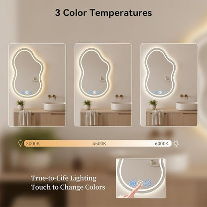 Irregular Wall Mirror 24 x 36 Inch, Lighted Mirrors for Bathroom Wall, Asymmetrical LED Mirror for Bathroom with Anit-Fog, Dimmable, Memory Function (Horizontal/Vertical)