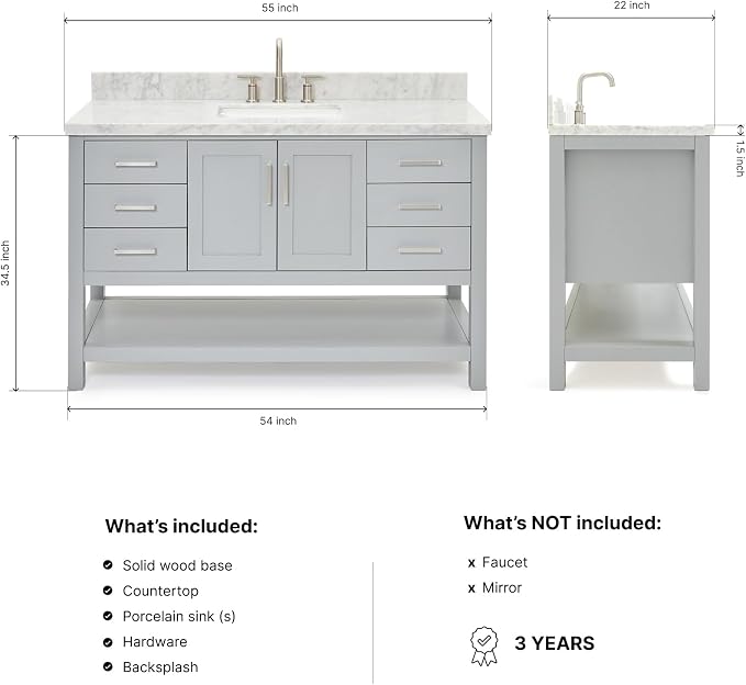 DKB Olivia 54" Grey Bathroom Vanity with Sink, 1.5" Edge Italian Carrara Marble Countertop, Rectangular Undermount Sink, 2 Soft Closing Doors, 6 Dovetail Drawers