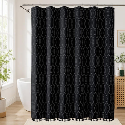 OVZME Black Shower Curtain for Bathroom, Puff Printed Textured Shower Curtain with Tassels, Rustic Geometry Heavy Duty Vintage Country Bathroom Curtain, Water Resistant Fabric, 72Wx72L Inches
