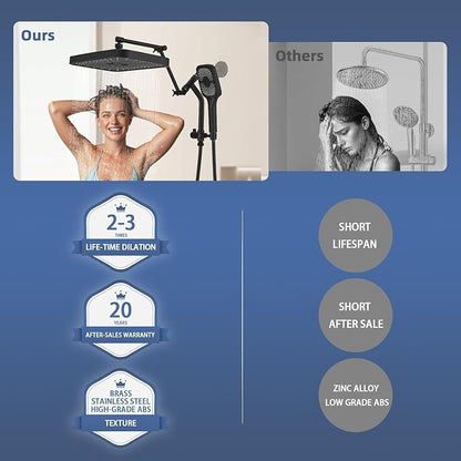 14" High Pressure Rain/Rainfall Shower Heads With Handheld Spray Combo (3+1 Settings & Built-in Power Wash Mode), Double/Dual Shower Head With Handheld - Height/Angle Adjustable(Matte Black)