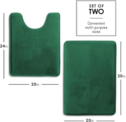 Clara Clark 2 Piece Bathroom Rugs, Velvet Memory Foam Bath Mat Set, Non-Slip Bath Rugs, Machine Wash, Dries Quickly, Ultra Soft Plush Bath Mats for Bathroom, 17 x 24 + Contour, Hunter Green