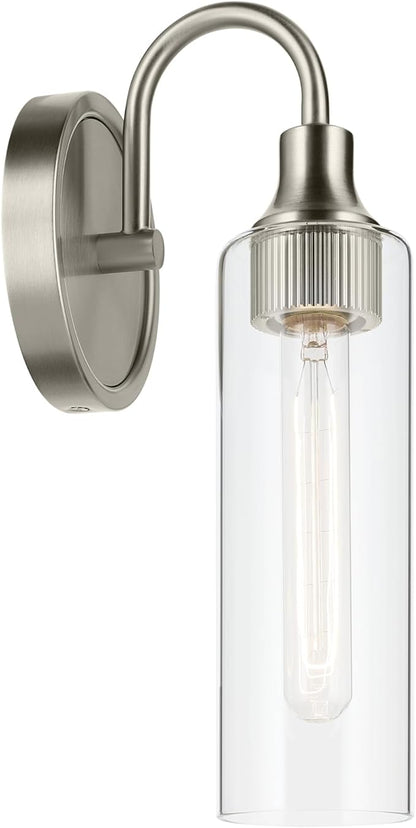 Kichler Kavi 5" 1-Light Wall Sconce with Clear Glass in Brushed Nickel, Damp Rated, for Bathroom, Powder Room, Kitchen, Hallway, Bedroom, Fireplace, (5" W x 13" H), 55209NI