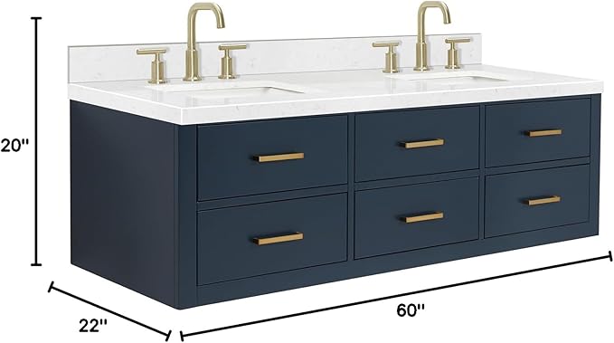 ARIEL Hutton 60-inch Bathroom Vanity with Sink,Solid Wood, 1.5-inch Carrara White Quartz Countertop & Backsplash, Double Rectangular Porcelain Sink, 3 Dovetail Drawers, Midnight Blue