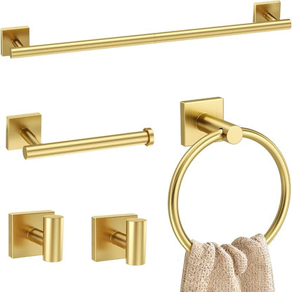 5 Pieces Brushed Gold Bathroom Hardware Set Towel Bar Set Stainless Steel Wall-Mounted Bathroom Accessories Set 23.6 Inch Towel Racks for Bathroom