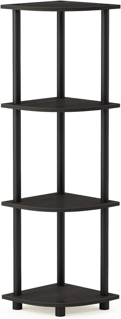 Furinno TURN-N-TUBE Corner Shelf, 4-Tier Corner Bookshelf, Display Storage Shelves with Open Shelves, for Organization and Storage, Living Room, Home Office, Garage, Espresso