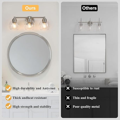 Upgrade 3-Light Bathroom Light Fixtures, Modern Vanity Light with Globe Glass Shade, Brushed Nickel Bathroom Lights Over Mirror, Vanity Lights for Bathroom Bedroom Hallway Living Room
