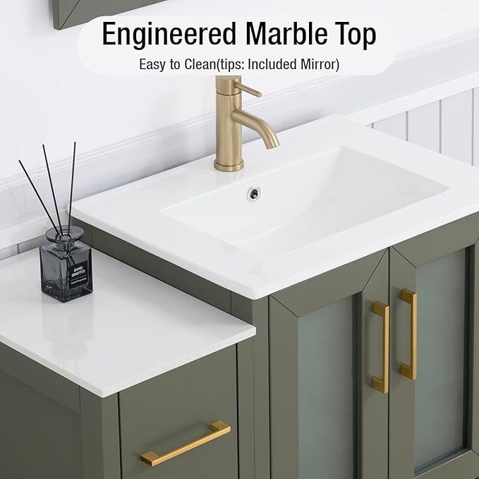 HOMEBEYOND 36 Inch Modern Bathroom Vanity with Sink & Mirror, Single Vanity Cabinet with Basin and Mirror, Dove-Tailed Drawers, Soft-Closing Doors, Wood, Vintage Green