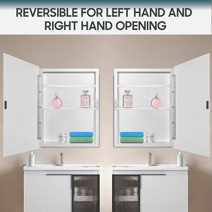 17x27 Plastic Medicine Cabinet with Mirror, Recessed or Surface Mount | 3 adjustable shelves, beveled mirror, soft-close reversible door, 95% assembled; cutout 13.86"W x 24.15"H x 3"D