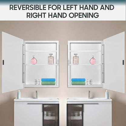 16x22 Plastic Medicine Cabinet with Mirror, Recessed or Surface Mount | 2 adjustable shelves, beveled mirror, soft-close reversible door, 95% assembled; cutout 13.8"W x 17.9"H x 3"D