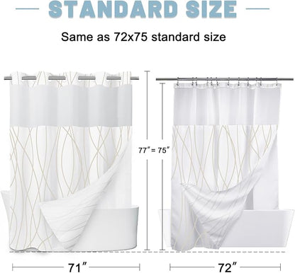 LXBNI No Hook Shower Curtain with Snap-in Liner, Waterproof & Washable Polyester Fabric, Abstract Line Pattern, Hotel Style Modern Shower Curtains for Bathroom, 71x77 Inches,Beige Khaki