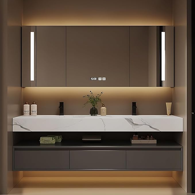 Bathroom Vanity with Sink - Single/Double Sink Bathroom Vanity Cabinet & LED Smart Defogger Mirror Cabinet Set, Modern Floating Vanity, Wall-Mounted Installation (52",Double Sink)
