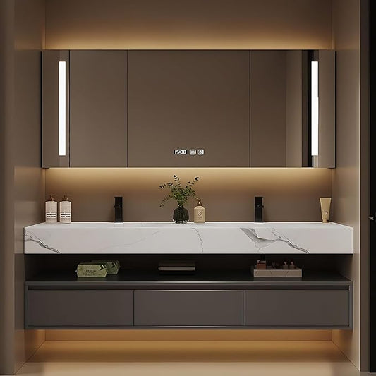 Bathroom Vanity with Sink - Single/Double Sink Bathroom Vanity Cabinet & LED Smart Defogger Mirror Cabinet Set, Modern Floating Vanity, Wall-Mounted Installation (52",Double Sink)