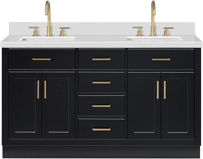 ARIEL Hepburn 60-inch Bathroom Vanity with Sink,Solid Wood, 1.5-inch Pure White Quartz Countertop & Backsplash, Double Rectangular Porcelain Sink, 4 Soft Closing Doors, 6 Dovetail Drawers, Black