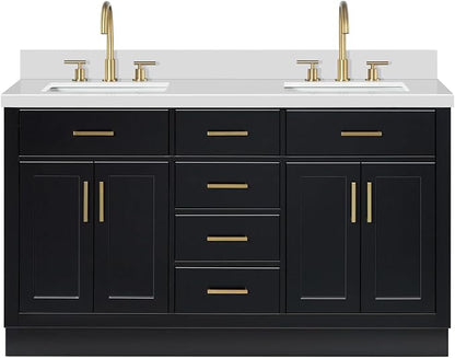 ARIEL Hepburn 60-inch Bathroom Vanity with Sink,Solid Wood, 1.5-inch Pure White Quartz Countertop & Backsplash, Double Rectangular Porcelain Sink, 4 Soft Closing Doors, 6 Dovetail Drawers, Black