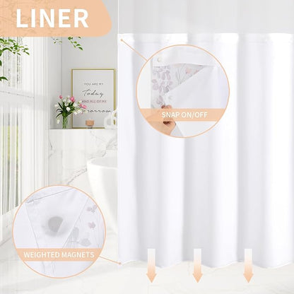 Litabel No Hook Ivory Watercolor Floral Shower Curtain and Liner Set, 72x86 | Spring Flower Shower Curtains with Snap-in Liner for Farmhouse Bathroom Decor, Botanical Bathroom Curtain with Leaves
