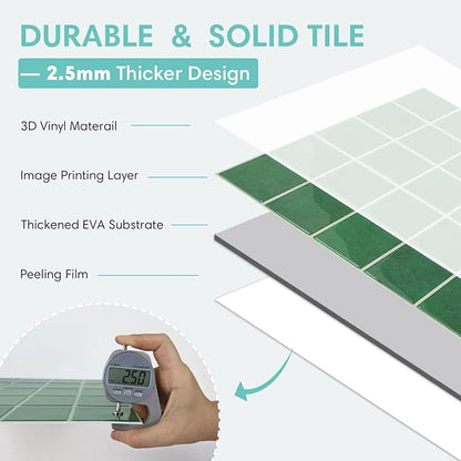 Commomy Thicker Green Peel and Stick Tiles - 10 pcs of 12" x 12" | 3D Adhesive Square Peel and Stick Tiles Backsplash for Kitchen, Bathroom, Removable, Waterproof, Vinyl Wall Tile