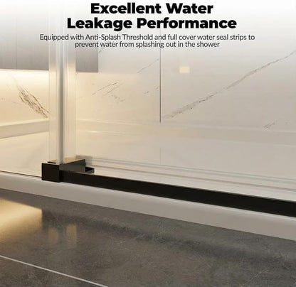 Frameless Sliding Shower Door, 44" to 48" Adjustable Width x 76" Height, 1/4" (6mm) SGCC Tempered Clear Glass with Easy-to-Clean Coating, Matte Black Round Rail