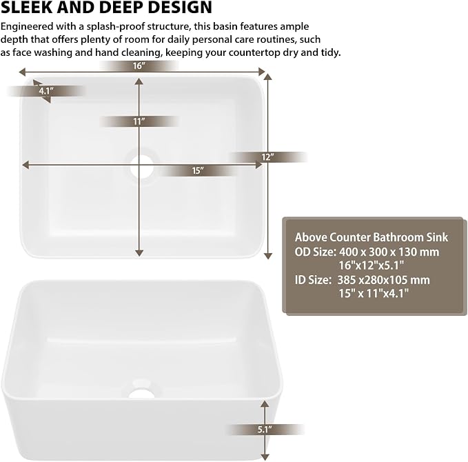 White Bathroom Vessel Sink Ceramic Vanity Art Basin Above Counter | 16x12 Inch Rectangular Bathroom Sink Porcelain Vessel Vanity Sink