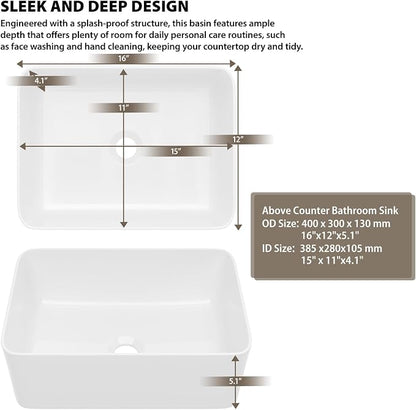 White Bathroom Vessel Sink Ceramic Vanity Art Basin Above Counter | 16x12 Inch Rectangular Bathroom Sink Porcelain Vessel Vanity Sink
