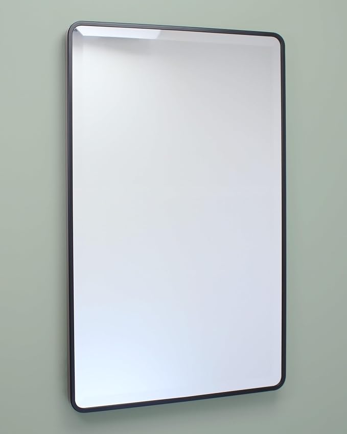 16x26 Austin Farmhouse Metal Framed Rounded Rectangle Recessed Bathroom Medicine Cabinet, Beveled Mirror, 14x24 in-Wall Opening, powder-coated Steel, Adjustable Glass Shelves, Magnet Close, Black