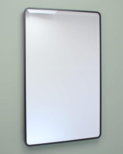 16x26 Austin Farmhouse Metal Framed Rounded Rectangle Recessed Bathroom Medicine Cabinet, Beveled Mirror, 14x24 in-Wall Opening, powder-coated Steel, Adjustable Glass Shelves, Magnet Close, Black