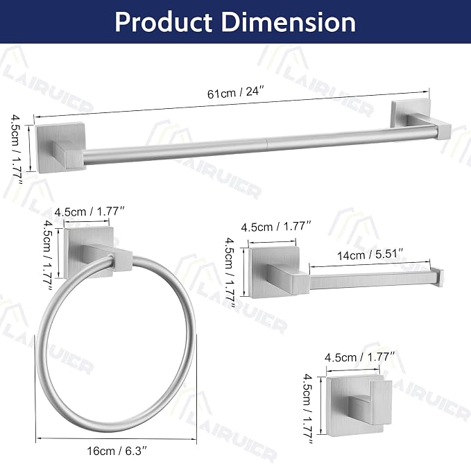 Lairuier 5-Piece Brushed Nickel Bathroom Hardware Set, Bathroom Accessories Set with Towel Bar, Toilet Paper Holder and 2 Towel Hooks SUS304 Stainless Steel Towel Bar Set Wall Mounted