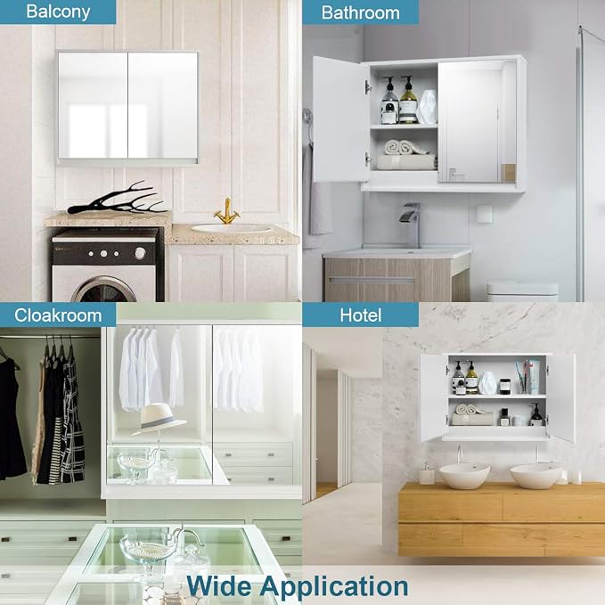 Tangkula Bathroom Medicine Cabinet, 2-Tier Wall-Mounted Storage Cabinet with Double Mirror Doors, Multipurpose Kitchen Bathroom Medicine Storage Cabinet, White (22" x 18")