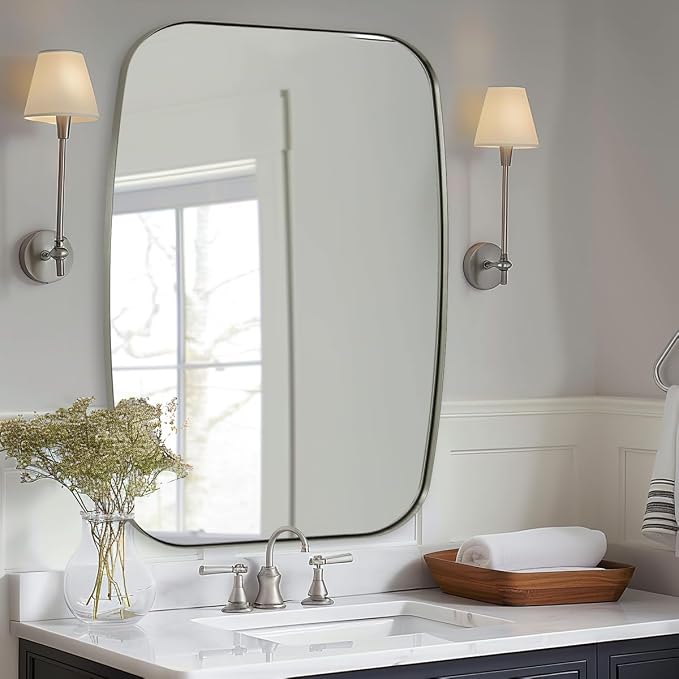 Brushed Nickel Oblong Mirror, 36x48 Inch Brushed Nickel Oval Mirror for Bathroom with Stainless Steel Metal Frame, Wall Mouned for Bathroom, Living Room, Entryway