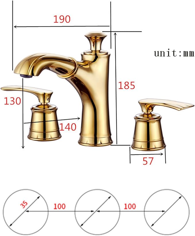 BiaoTeng Bathroom Faucets for Sink 3 Hole Pull Out Hot and Cold Double Handle Three Hole Bathroom Faucet with Pullout Spray Brass Gold