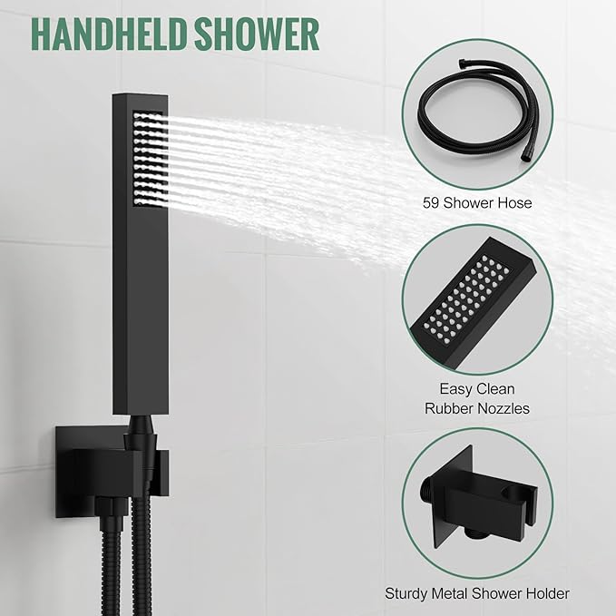 SunCleanse Rainfall Shower Faucet Set Matte Black Shower Combo Set for Bathroom with High Pressure 10 inch Shower Head with Handheld Shower Valves Shower Head and Handheld Ceiling Mounted
