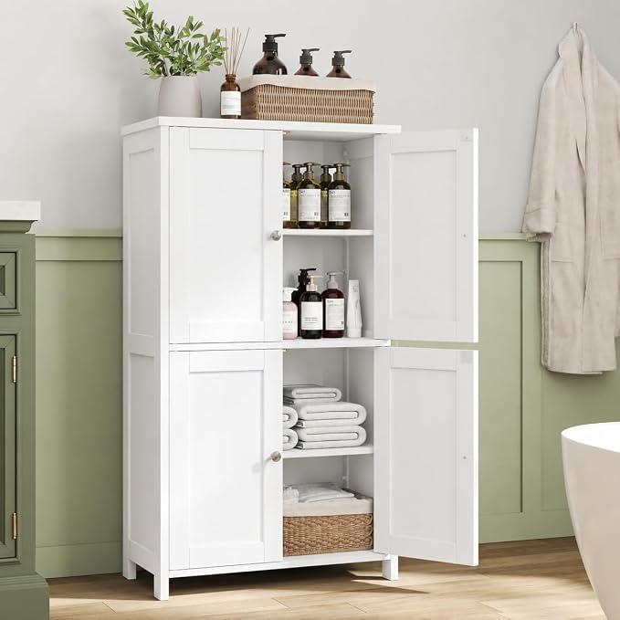 Nuturelly Bathroom Floor Storage Cabinet, 4 Doors, Anti-Tip, White | 23.7"D x 11.9"W x 42.6"H, Adjustable Shelves, Shaker style, 5-position Shelves, Anti-tip Kit, Rounded Corners, Easy Assembly