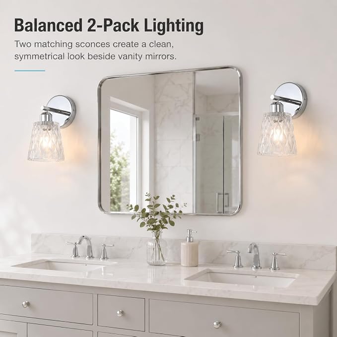 Chrome 1 Light Bathroom Vanity Lights, 2 Pack, with Textured Glass Shades, E26 Sockets, Bathroom Light Fixtures Over Mirror, Modern Lighting Fixtures Wall Lamp Vanity Lights