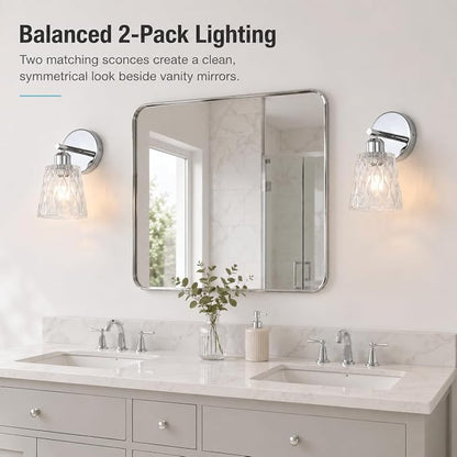 Chrome 1 Light Bathroom Vanity Lights, 2 Pack, with Textured Glass Shades, E26 Sockets, Bathroom Light Fixtures Over Mirror, Modern Lighting Fixtures Wall Lamp Vanity Lights