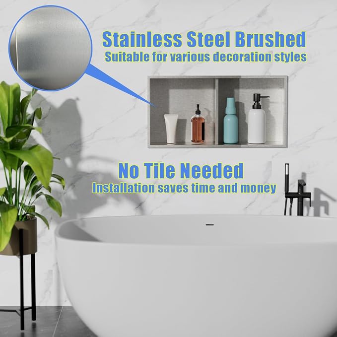 24 x 12 in Recessed Shower Niche with Double Shelves, Brushed Stainless Steel Wall Insert, No Tile Needed, Leakproof Built-in Storage for Bathroom, Kitchen, Bedroom