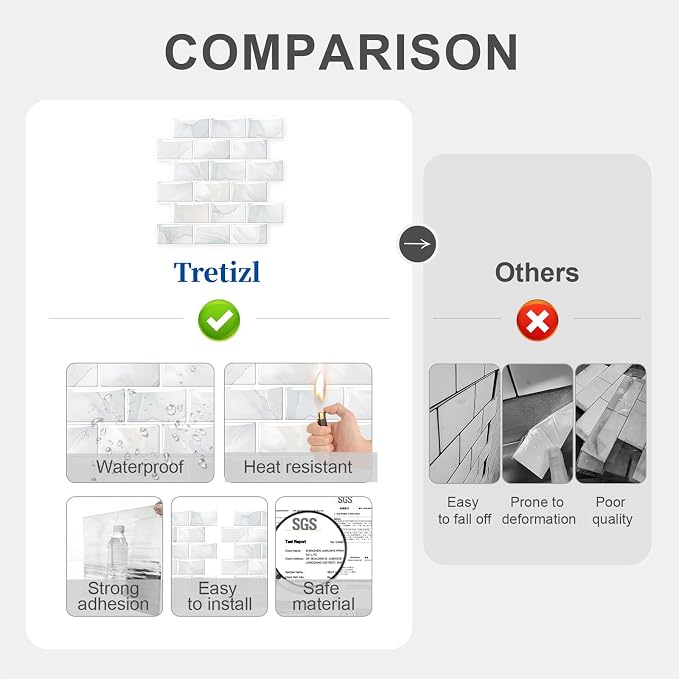 10 Sheets Thicker Design Peel and Stick Backsplash, 12"x12" Peel and Stick Wall Tiles, Subway Look Marble Tiles Backsplash for Kitchen and Bathroom, Light Gray Veins