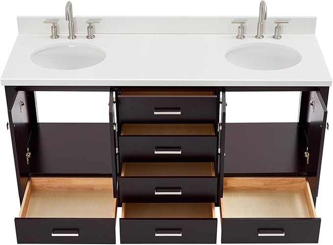 ARIEL Cambridge 66-inch Bathroom Vanity with Sink,Solid Wood, 1.5-inch Pure White Quartz Countertop & Backsplash, Double Oval Porcelain Sink, 4 Soft Closing Doors, 6 Dovetail Drawers, Espresso