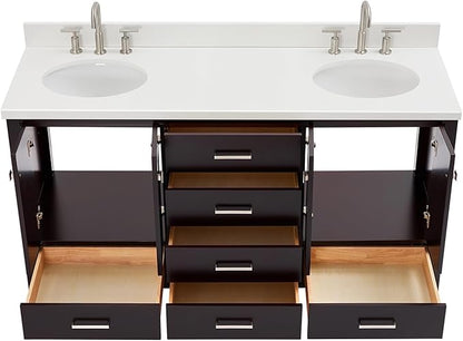 ARIEL Cambridge 66-inch Bathroom Vanity with Sink,Solid Wood, 1.5-inch Pure White Quartz Countertop & Backsplash, Double Oval Porcelain Sink, 4 Soft Closing Doors, 6 Dovetail Drawers, Espresso