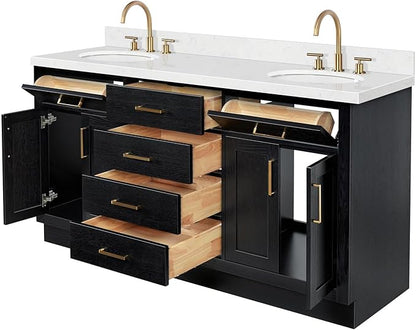ARIEL Hepburn 66-inch Bathroom Vanity with Sink,Solid Wood, 1.5-inch Carrara White Quartz Countertop & Backsplash, Double Oval Porcelain Sink, 4 Soft Closing Doors, 6 Dovetail Drawers, Black Oak
