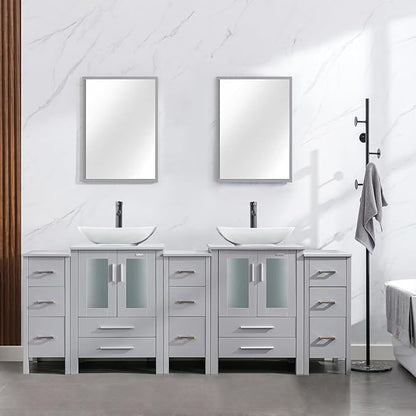 eclife 84" Modern Bathroom Vanity Sink Combo Freestanding Cabinet with Small Side Cabinet, White Curved Ceramic Vessel Sink, Water Save Faucet, Drain (Gray+T32)