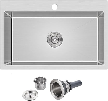Brushed Topmount Kitchen Sink - 28”×18” Single Bowl Sink | 9 Inch Deep Handmade Bar Sink with Strainer, Stainless Steel 304, Center Drain, X-Groove Drainage, Sound-Dampening Pad